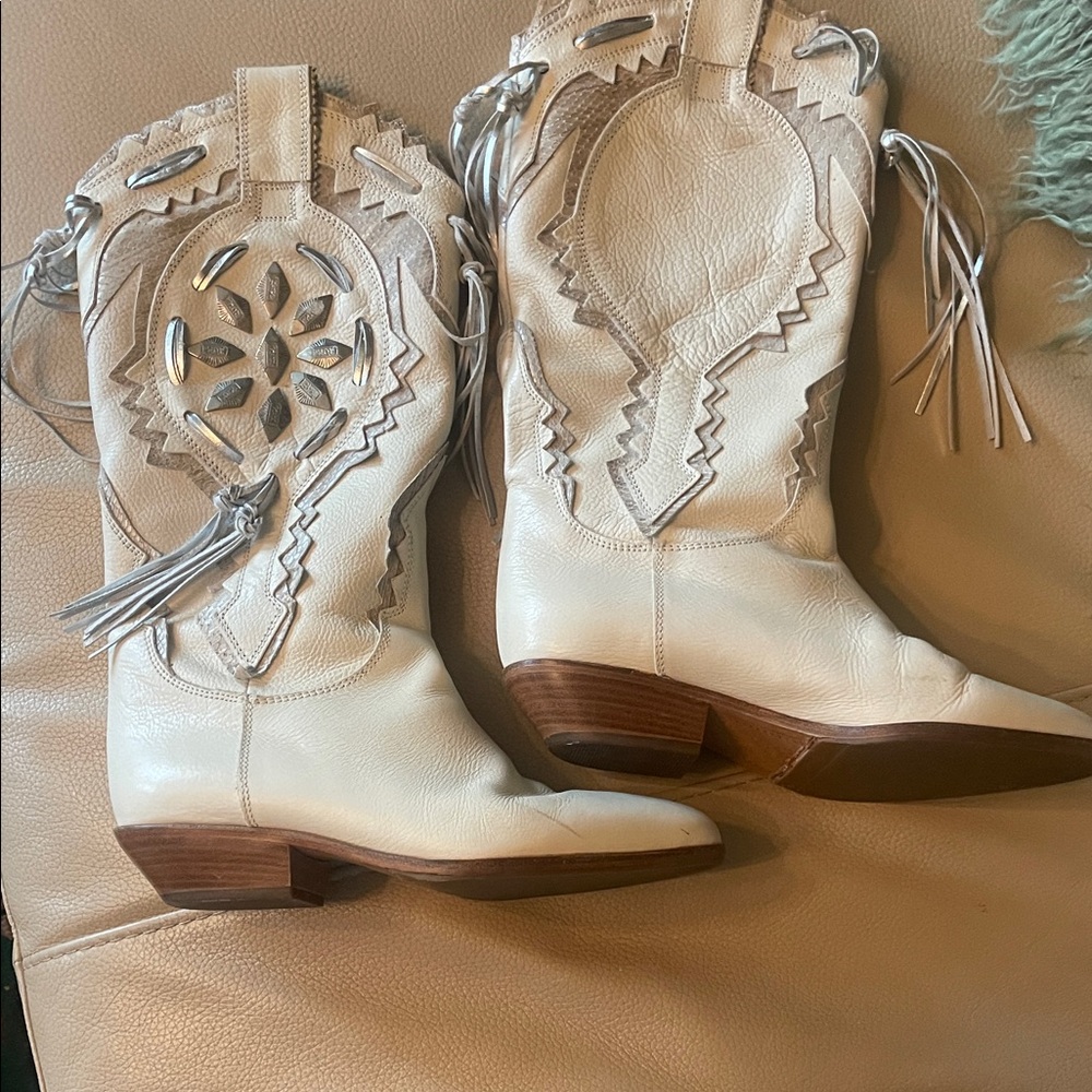 Cream Leather & Snakeskin Cowboy Boots 8.5